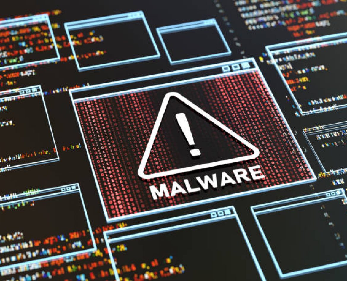 Malware Detected Warning Screen with abstract binary code 3d digital concept