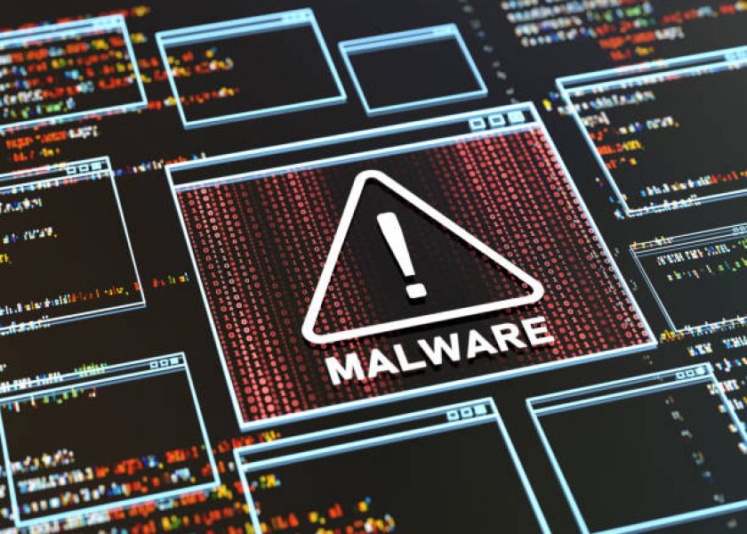 Malware Detected Warning Screen with abstract binary code 3d digital concept